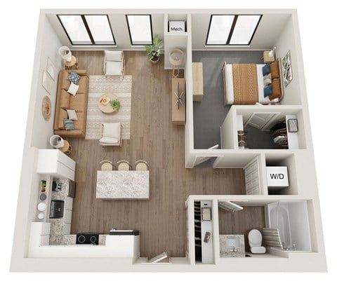 Floor plan for 1 bed, 1 bath, 717 sqft
